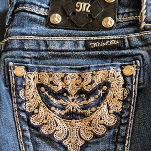 Miss Me Dark Blue Denim Bootcut Jeans with Silver Lace Embroidery